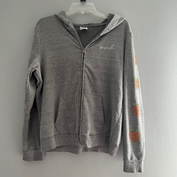 PINK Victoria's Secret Tops - PINK Victoria's Secret Grey Zip Up Hoodie Rhinestone Peach‎ Sleeve Detail Size L